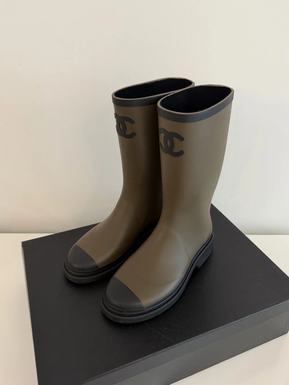 CHANEL Olive Green and Black CC Rainboots